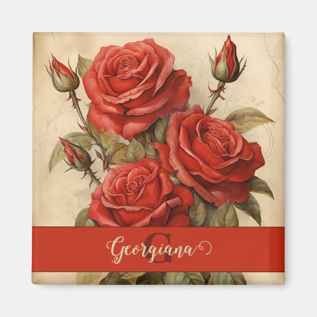 Personalisierte Vintage Aquarellblumen-Rote Rosen Magnet (Vorne)