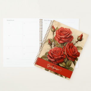 Personalisierte Vintage Aquarellblumen-Rote Rosen Planer