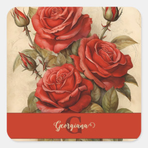 Personalisierte Vintage Aquarellblumen-Rote Rosen Quadratischer Aufkleber