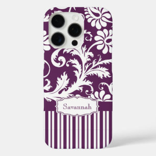 Personalisierte Vintage Aubergine Damast und Strei iPhone 16 Pro Hülle