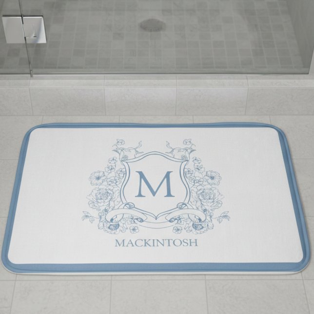 Personalisierte Vintage Blaue Badmatte Badematte (elegant powder blue french provincial family crest personalized monogram bath mat)