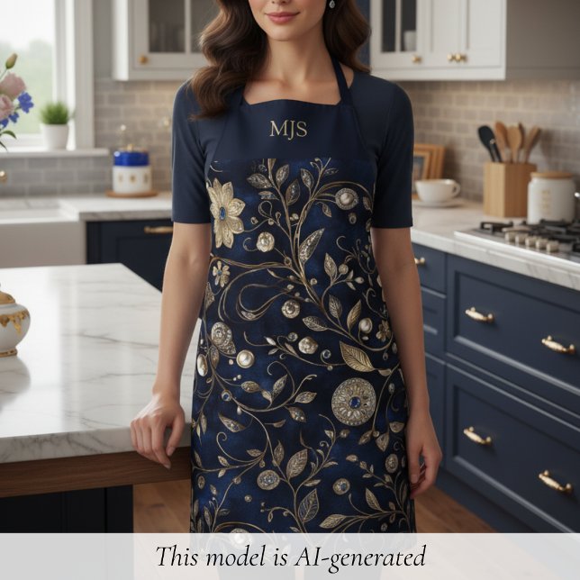 Personalisierte Vintage-Blumen Schürze (elegant chic midnight navy blue gold floral apron with customized monogram, great gift for chef)