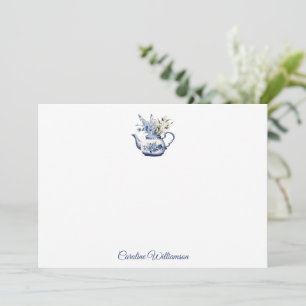 Personalisierte Vintage-Blumenteekanne Blaue Aquar Mitteilungskarte