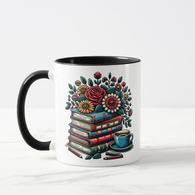 Personalisierte Vintage Bücher, Kaffee und Blume Tasse (Links)