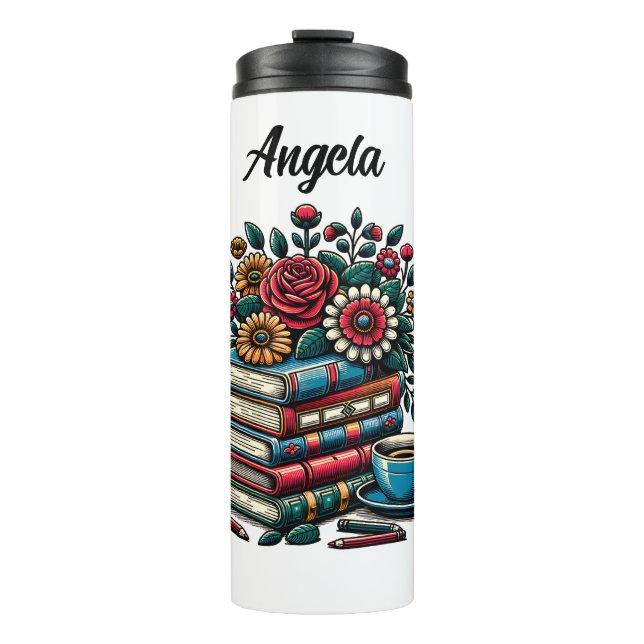 Personalisierte Vintage Bücher, Kaffee und Blume Thermosbecher (Vorderseite)