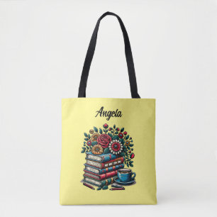 Personalisierte Vintage-Bücher, Kaffee und Blumen