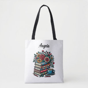 Personalisierte Vintage-Bücher, Kaffee und Blumen