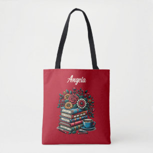 Personalisierte Vintage-Bücher, Kaffee und Blumen