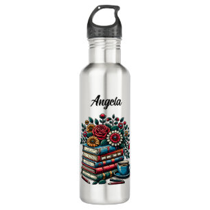 Personalisierte Vintage-Bücher, Kaffee und Blumen Edelstahlflasche