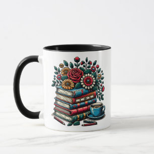 Personalisierte Vintage-Bücher, Kaffee und Blumen Tasse
