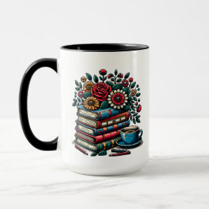 Personalisierte Vintage-Bücher, Kaffee und Blumen Tasse