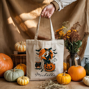 Personalisierte Vintage Hexe auf Pumpkin Cauldron Tragetasche