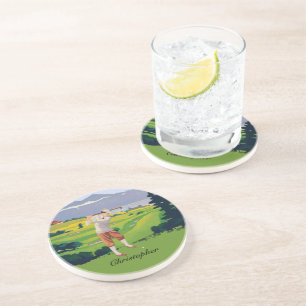 Personalisierte Vintage-Hochland-Golfszene Getränkeuntersetzer