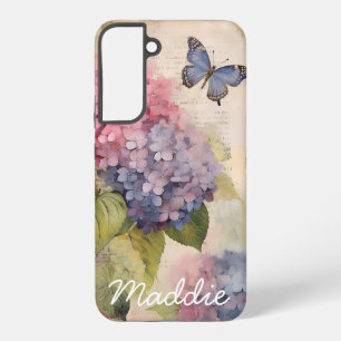 Personalisierte Vintage-Hortensie und Schmetterlin Samsung Galaxy Hülle