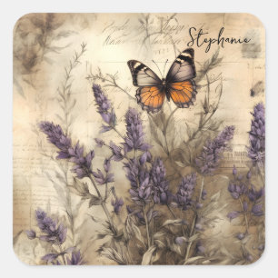 Personalisierte Vintage-Lavendel-Schmetterlingskun Quadratischer Aufkleber