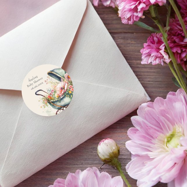 Personalisierte Vintage Pram Babydusche Runder Aufkleber (Von Creator hochgeladen)