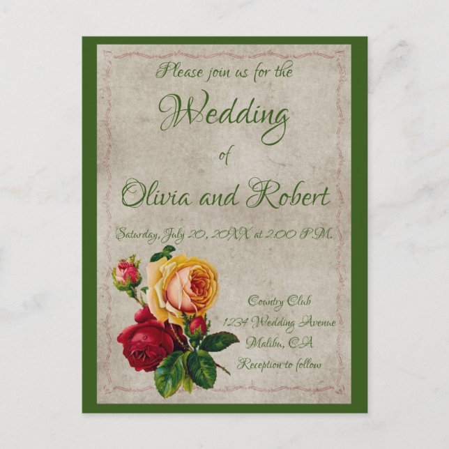 Personalisierte Vintage Rot- und Gelbrosen Postkarte (Vorderseite)