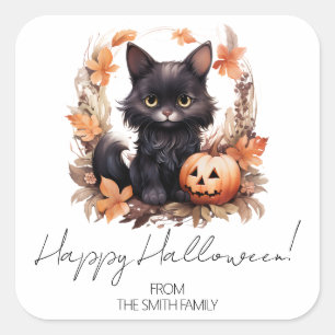Personalisierte Vintage Schwarze Katze Frohes Hall Quadratischer Aufkleber