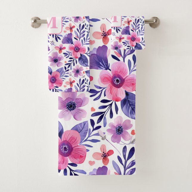 Personalisierte, violette Handblumen Badhandtuch Set (Insitu)