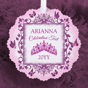 Personalisierte violette Tiara & Schmetterlinge Er Ornament Karte