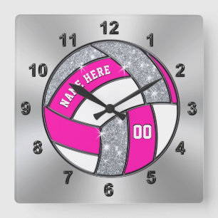 Personalisierte Volleyballuhr, rosa, weiß, silber Quadratische Wanduhr