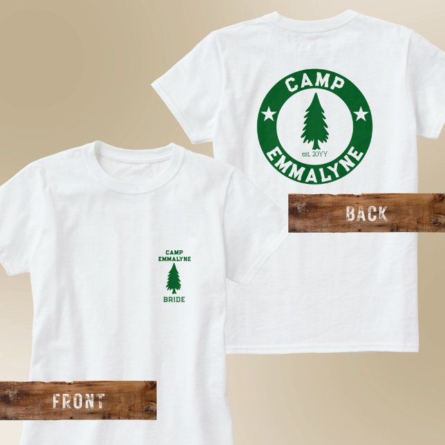 Personalisierte Vorderseite und Rückseite der Camp T-Shirt (Camp Bride t-shirt with front and back print. Personalize one for each camper at your Camp Bach)