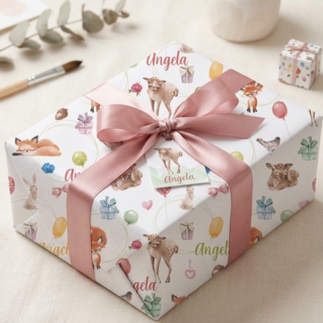 Personalisierte Wald-Wasserfarbe-Party-Tiere Geschenkpapier (Von Creator hochgeladen)