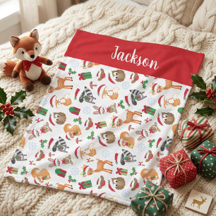 Personalisierte Wald-Weihnachtstiere Kinder Fleecedecke