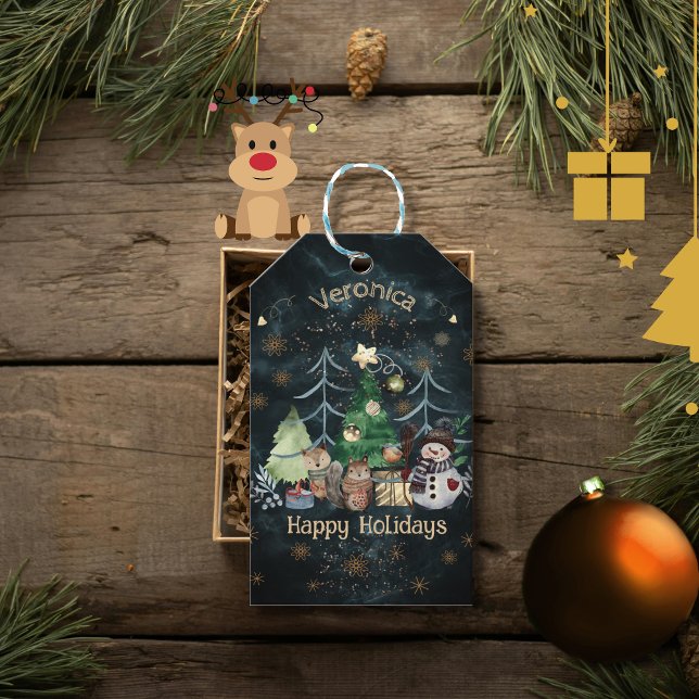 Personalisierte Waldtiere Weihnachten Blau Geschenkanhänger (Personalized Woodland Animals Christmas Blue Gift Tags)