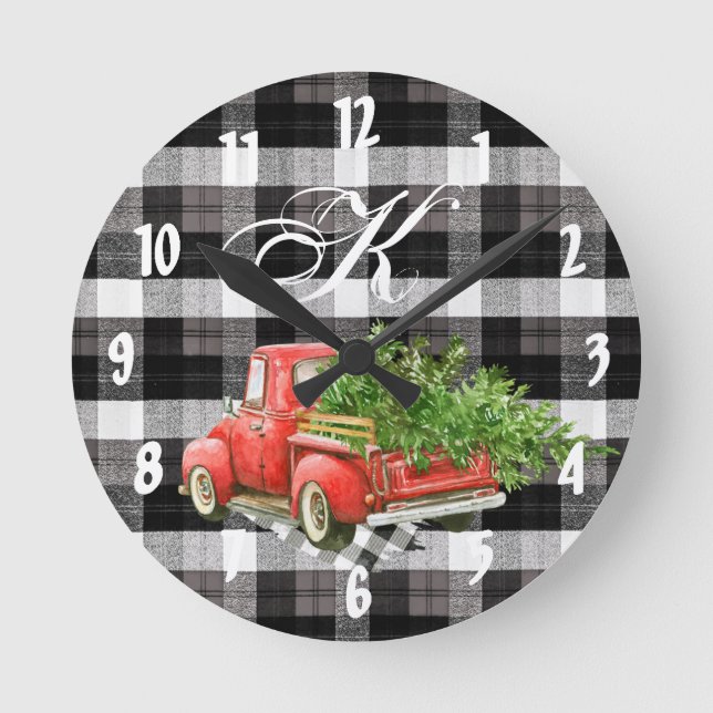 Personalisierte Wall Clock XMAS LKW Baffalo Karier Runde Wanduhr (Vorderseite)