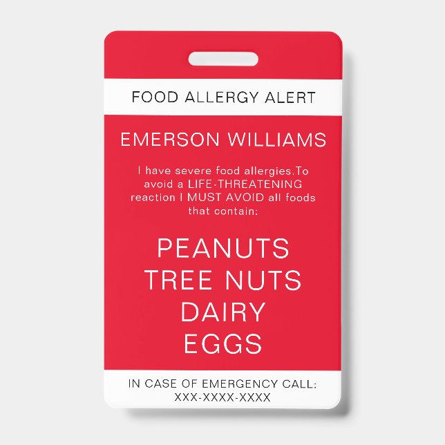 Personalisierte Warnmeldung für Red Food Allergie Ausweis (Front)