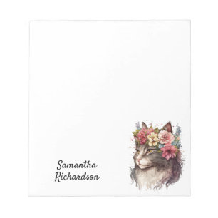 Personalisierte Wasserfarbe Floral Boho Katze Notizblock