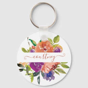 Personalisierte Wasserfarbe floral in lila und ora Schlüsselanhänger