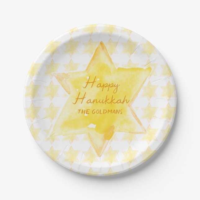 Personalisierte Wasserfarbe Jüdische Star Hanukkah Pappteller (Vorderseite)