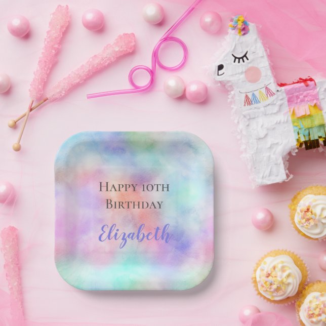 Personalisierte Wasserfarbe Rainbow Pastel Geburts Pappteller (Party)
