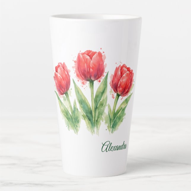 Personalisierte Wasserfarbe Rote Tulpen  Milchtasse (Vorderseite)