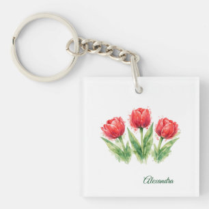 Personalisierte Wasserfarbe Rote Tulpen Schlüsselanhänger