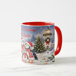 Personalisierte Wasserfarbe-Weihnachts-Puffin-Fami Tasse