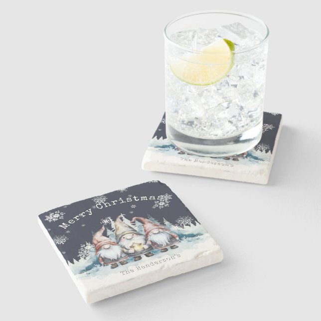 Personalisierte Wasserfarbe-Weihnachtsgnome Steinuntersetzer (Seitenansicht)