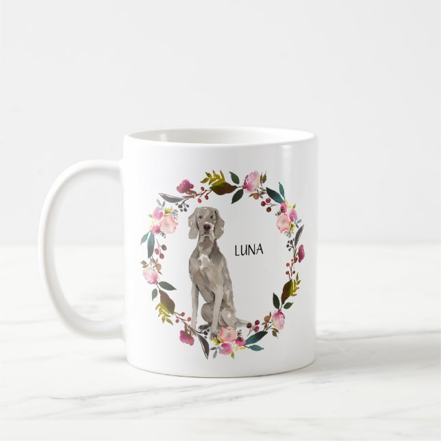 Personalisierte Wasserfarbe Weimaraner Rose Kranz Kaffeetasse (Links)