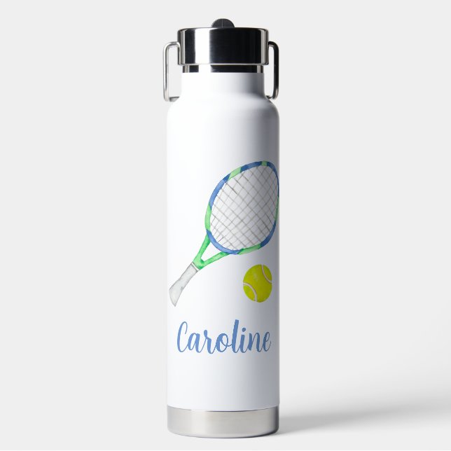 Personalisierte Wasserfarben Blau und Grüne Tennis Trinkflasche (Vorderseite)