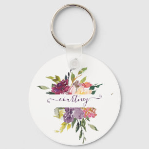 Personalisierte Wasserfarben-Blumen in Lila und Ro Schlüsselanhänger