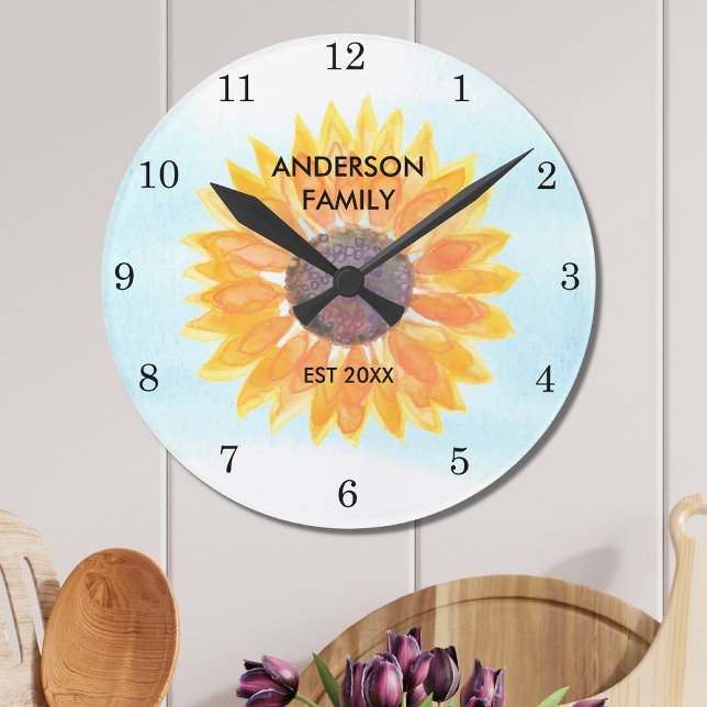 Personalisierte Wasserfarben-Sonnenblume Runde Wanduhr (Von Creator hochgeladen)