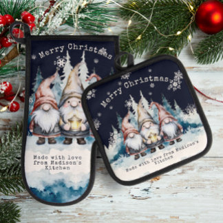 Personalisierte Wasserfarben-Weihnachts-Gnome Ofenhandschuh & Topflappen-Set