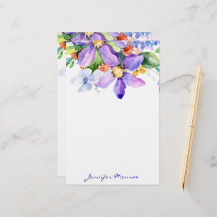 Personalisierte Wasserfarbenblumen in Lila Briefpapier