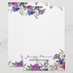 Personalisierte Wasserfarbenblumen in Rosa und Lil Briefpapier