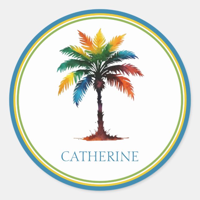 Personalisierte Wasserfarbenpalme Runder Aufkleber (Vorderseite)