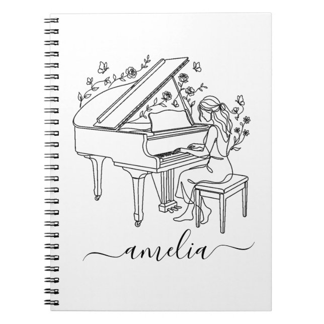 Personalisierte weibliche Klavierspielerin-Linienz Notizblock (Vorderseite)