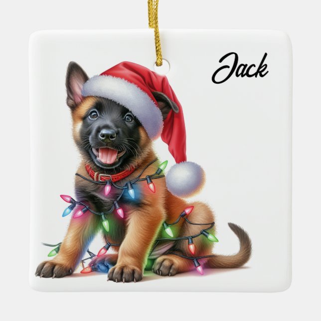 Personalisierte Weihnachten Belgisch Malinois Welp Keramikornament (Vorderseite)