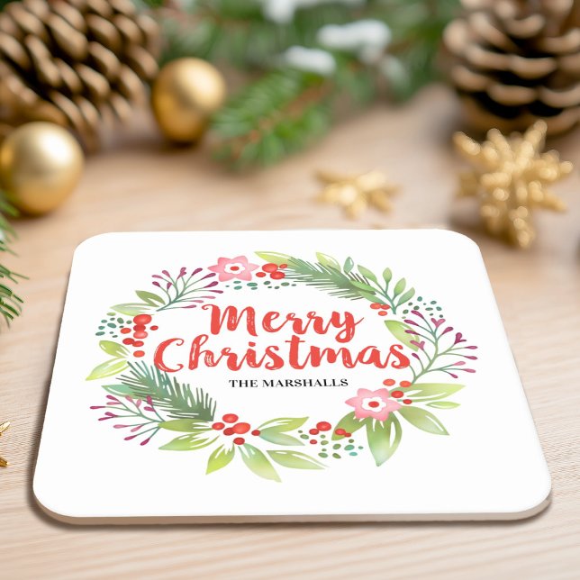 Personalisierte Weihnachten Rechteckiger Pappuntersetzer (A pretty watercolor wreath paper Christmas Coaster, for your holiday party)